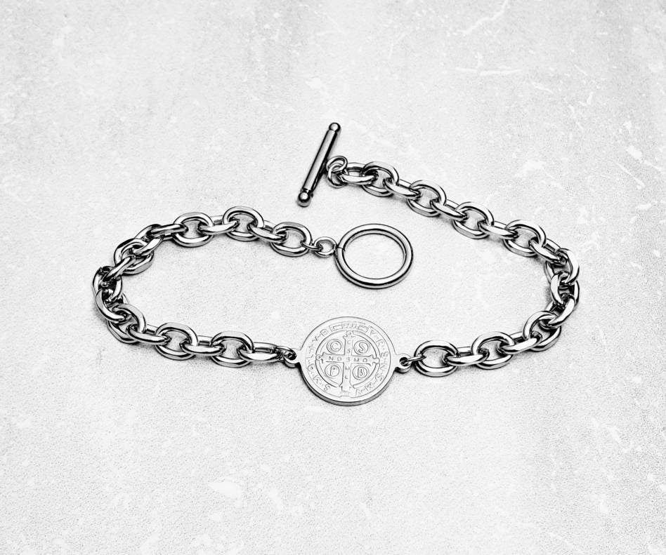 Men's "SAINT BENEDICT CHAIN" Bracelet| Men's Silver Stainless Steel Saint Benedict Link Chain Bracelet| Men's Silver Chain Toggle Bracelet