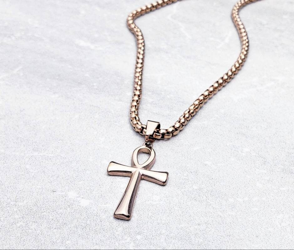 Men's "ROSE GOLD ANKH" Necklace| Men's Rose Gold Stainless Steel Ankh Pendant Necklace| Men's Rose Gold Stainless Steel Box Chain Necklace