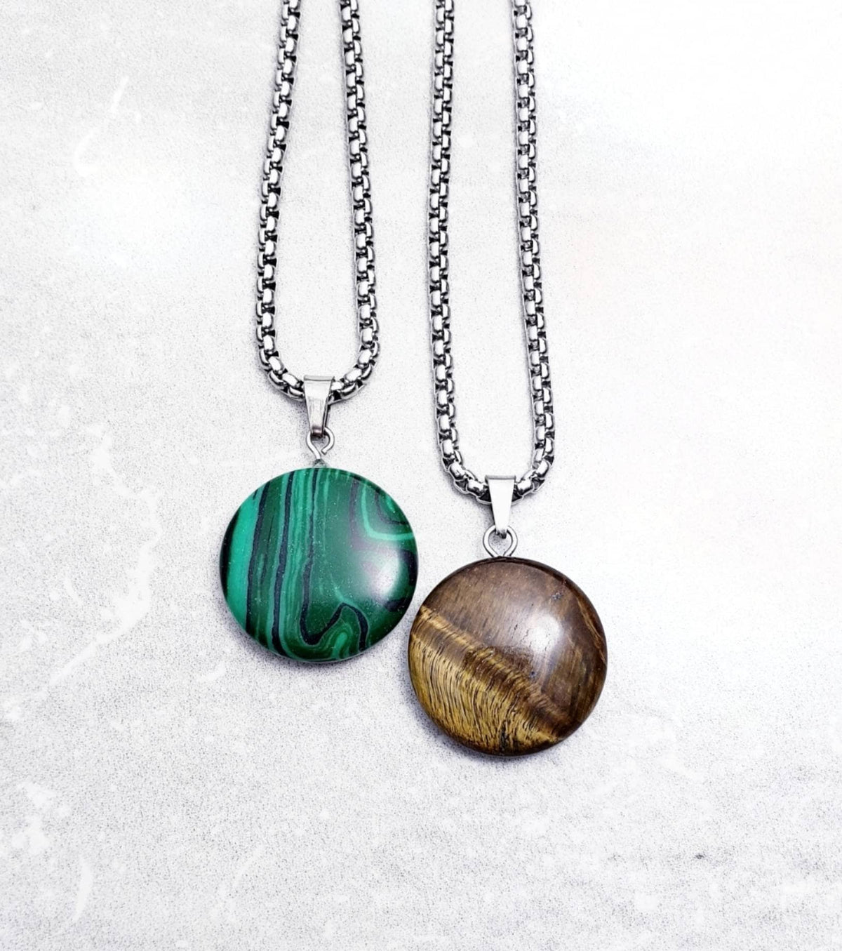 Men's "MALACHITE COIN" Pendant Necklace| Men's Malachite Gemstone Coin Pendant Necklace| Men's Silver Stainless Steel Box Chain Necklace