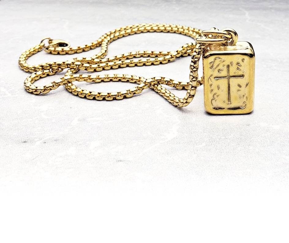 Men's "GOLD BAR CROSS" Necklace| Men's Gold Stainless Steel Cross Pendant Necklace| Men's Gold Stainless Steel Box Chain Necklace
