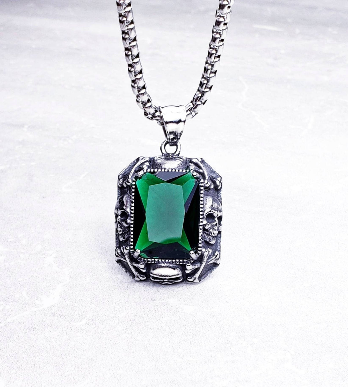 Men's "EMERALD SKULL" Necklace| Men's Silver Stainless Steel Skull Emerald Stone Pendant Necklace| Mens Stainless Steel Box Chain Necklace