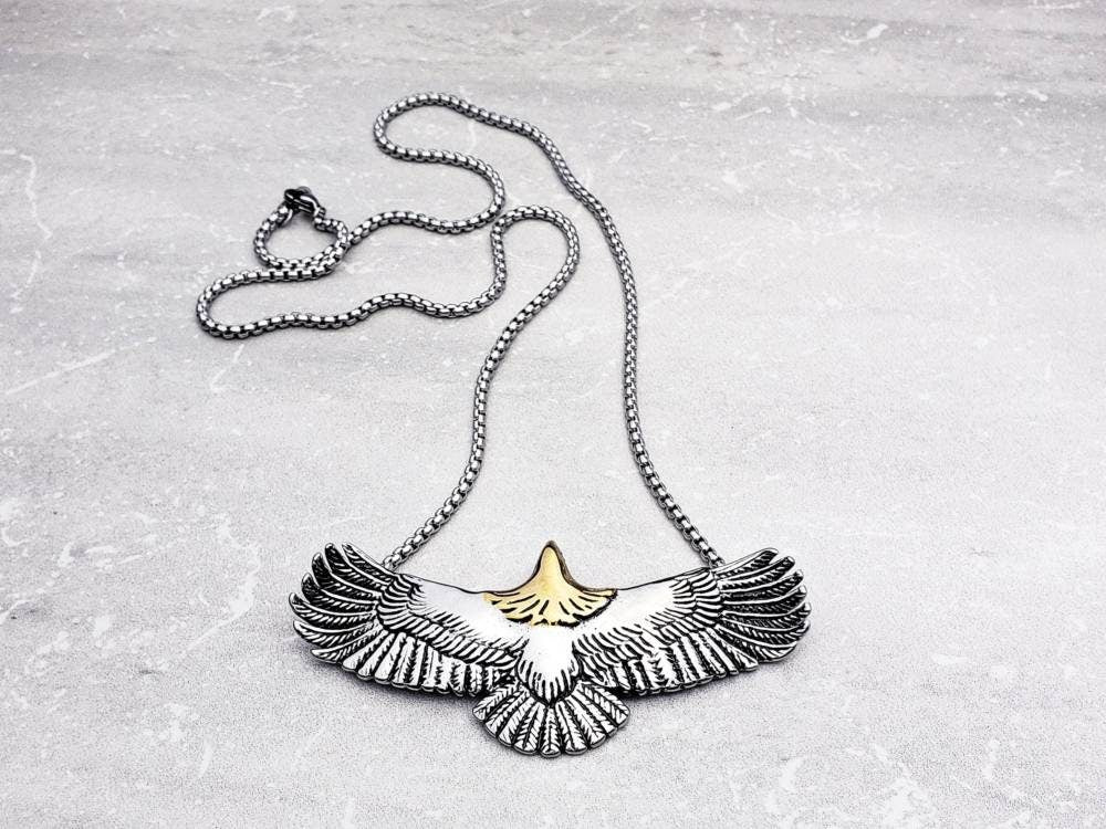 Men's "TRIBAL FLYING EAGLE" Necklace| Men's Gold Silver Stainless Steel Tribal Flying Eagle Pendant Necklace| Mens Silver Box Chain Necklace