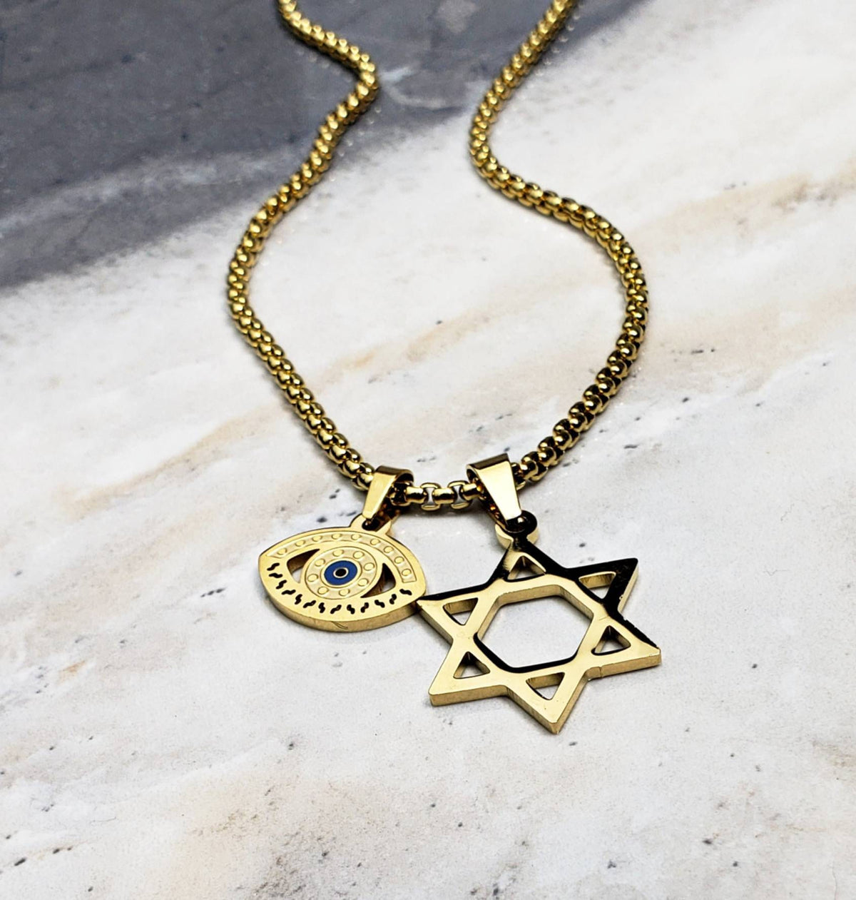 Men's "STAR of DAVID PROTECTION" Necklace| Men's Gold Stainless Steel Star of David Evil Eye Pendant Necklace| Mens Gold Box Chain Necklace