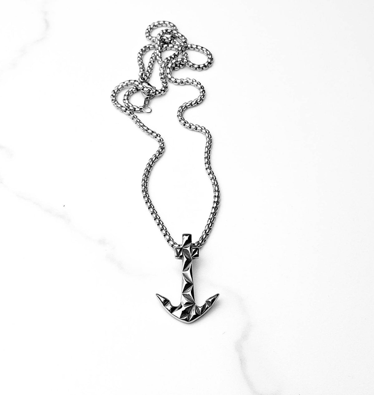 Men's "HAMMERED ANCHOR" Necklace| Men's Hammered Silver Stainless Steel Anchor Pendant Necklace| Men's Stainless Steel Box Chain Necklace