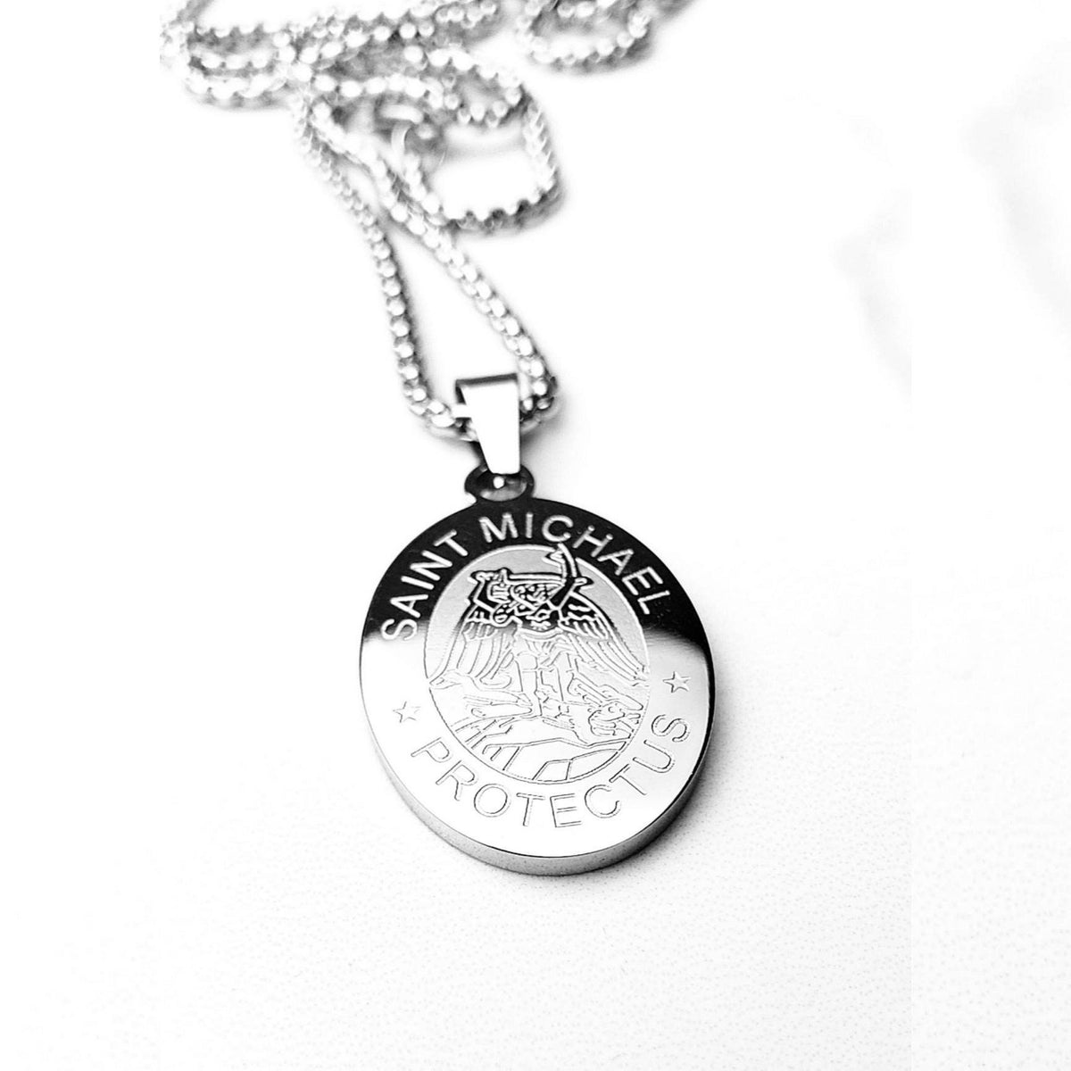 Men's "ARCHANGEL MEDALLION" Necklace| Men's Silver Stainless Steel Saint Michael Archangel Pendant Necklace| Men's Silver Box Chain Necklace