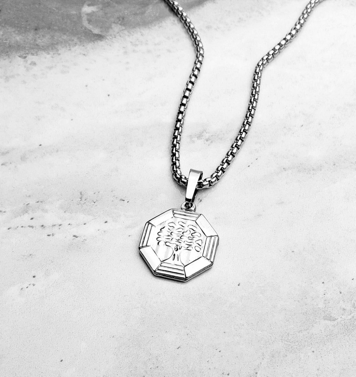 Men's "TREE OF LIFE" Necklace| Men's Silver Stainless Steel Tree of Life Hexagon Coin Pendant Necklace| Mens Silver Stainless Steel Necklace