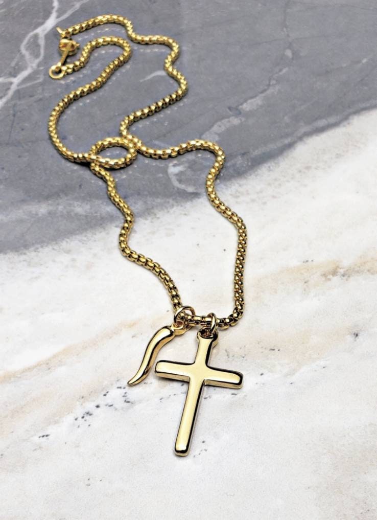 Men's "GOLD CROSS & CORNICELLO" Necklace| Men's Gold Stainless Steel Cross Italian Cornicello Pendant Necklace| Mens Gold Box Chain Necklace