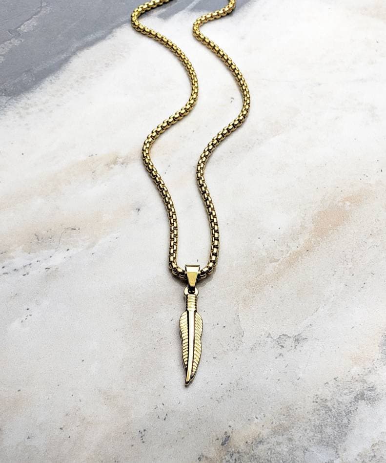 Men's "GOLDEN TRIBAL FEATHER" Necklace| Men's Gold Stainless Steel Tribal Feather Pendant Necklace| Men's Gold Box Chain Necklace