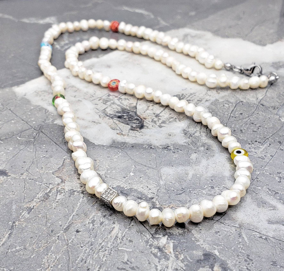 Men Freshwater Pearls Evil Eye Millefiori Beaded Necklace