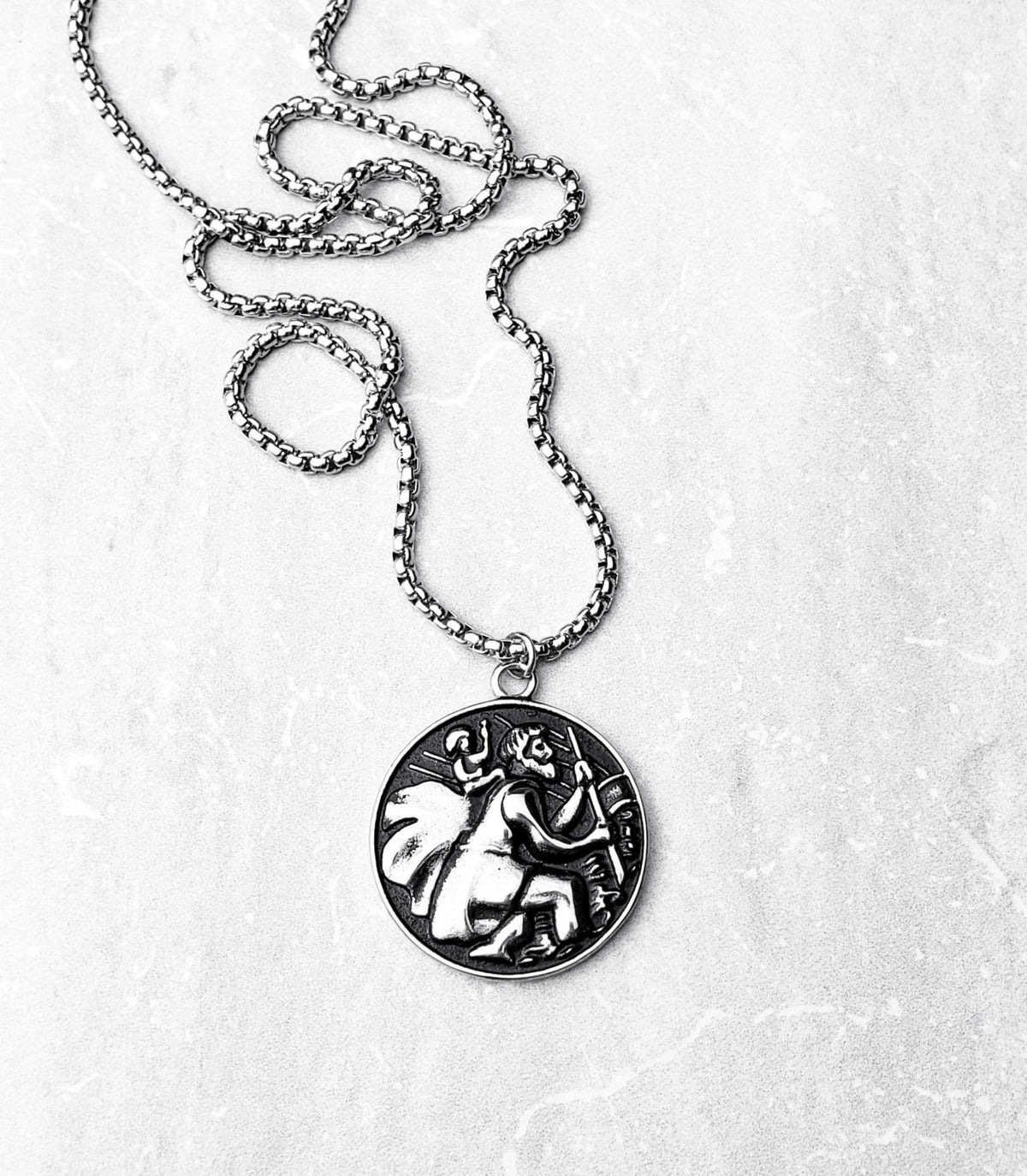 Men's "SAINT CHRISTOPHER MEDALLION" Necklace| Men's Silver Stainless Steel Saint Christopher Medallion Pendant Necklace| Mens Chain Necklace