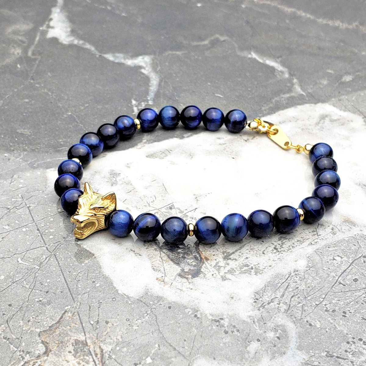 Men's "GOLDEN SAPPHIRE WOLF" Bracelet| Men's Gold Stainless Steel Wolf Bead Bracelet| Men's Sapphire Blue Tiger Eye Gemstone Wolf Bracelet