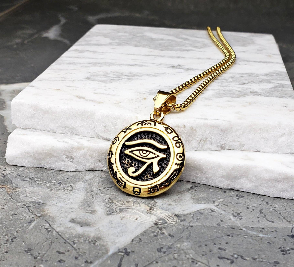 Men's "EYE OF HORUS" Necklace| Men's Gold Stainless Steel Eye of Horus Medallion Pendant Necklace| Men's Gold Box Chain Necklace