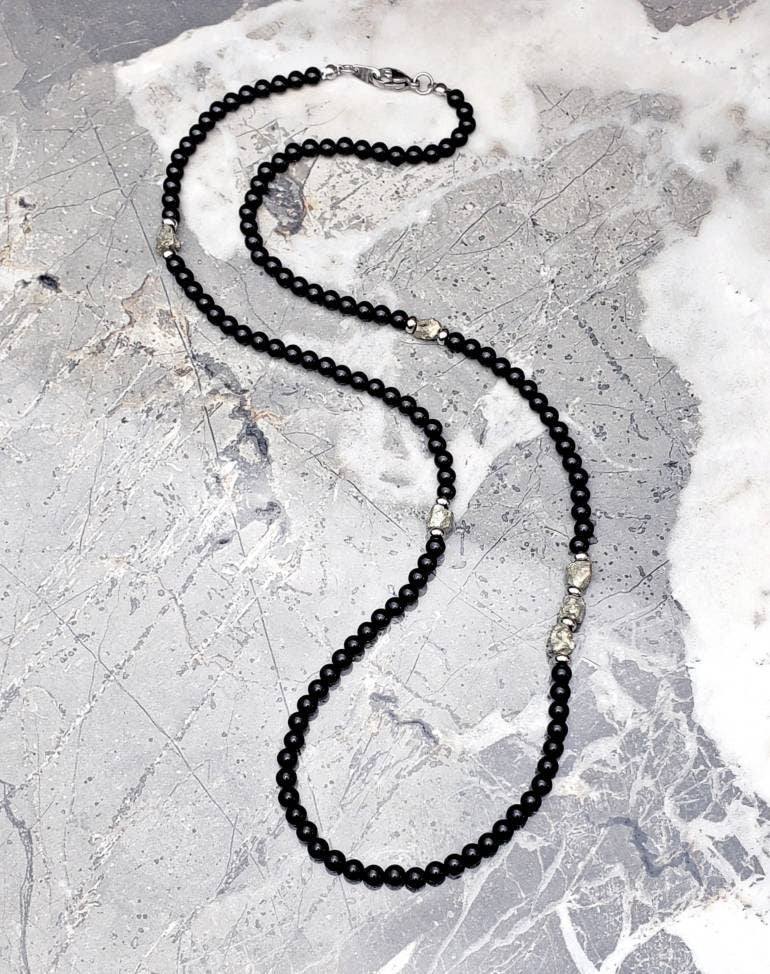 Men's "GOLD NUGGET ONYX" Necklace| Men's Gold Pyrite Nuggets Black Onyx Gemstone Necklace| Men's Silver Stainless Steel Onyx Beaded Necklace