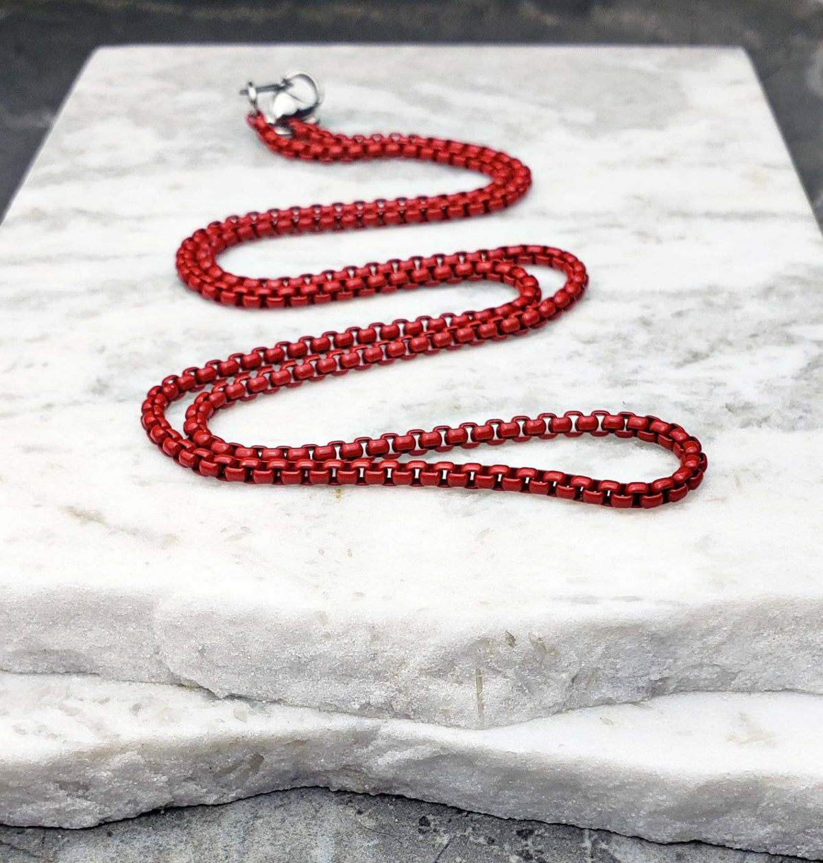 Men's "RED BOX CHAIN" Necklace| Men's Red Stainless Steel Box Chain Necklace| Men's Red Stainless Steel Round Box Chain Necklace
