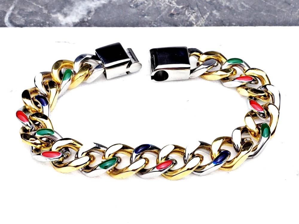 Men's "GOLD MULTICOLOR LINK" Bracelet| Men's Gold Stainless Steel Blue Red Green & White Acrylic Coated Cuban Link Chain Bracelet