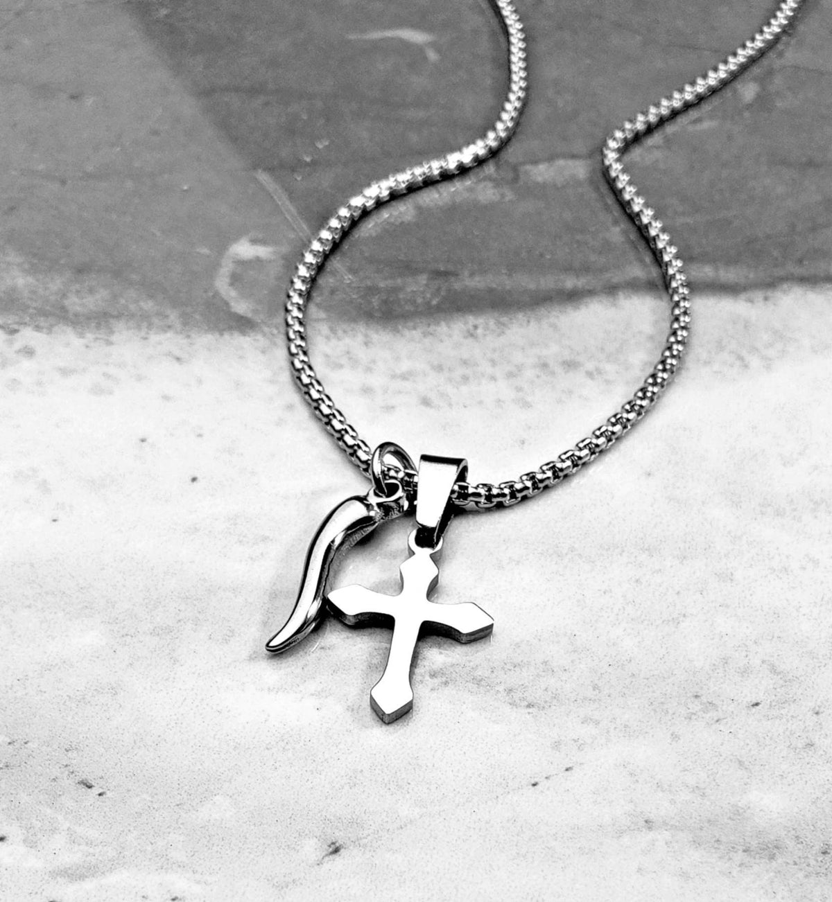 Men's "MINI CROSS & CORNICELLO" Necklace| Men's Silver Stainless Steel Mini Cross Cornicello Pendant Necklace| Men's Box Chain Necklace
