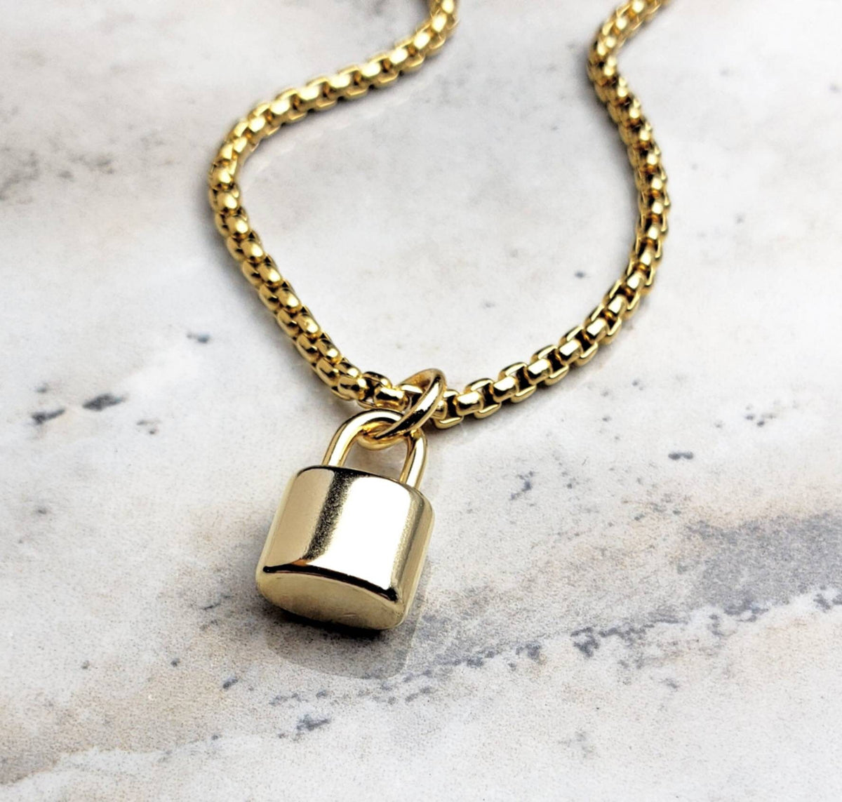 Men's "GOLD MINI PADLOCK" Necklace| Mens Gold Stainless Steel Mini Padlock Pendant Necklace| Men's Gold Stainless Steel Box Chain Necklace