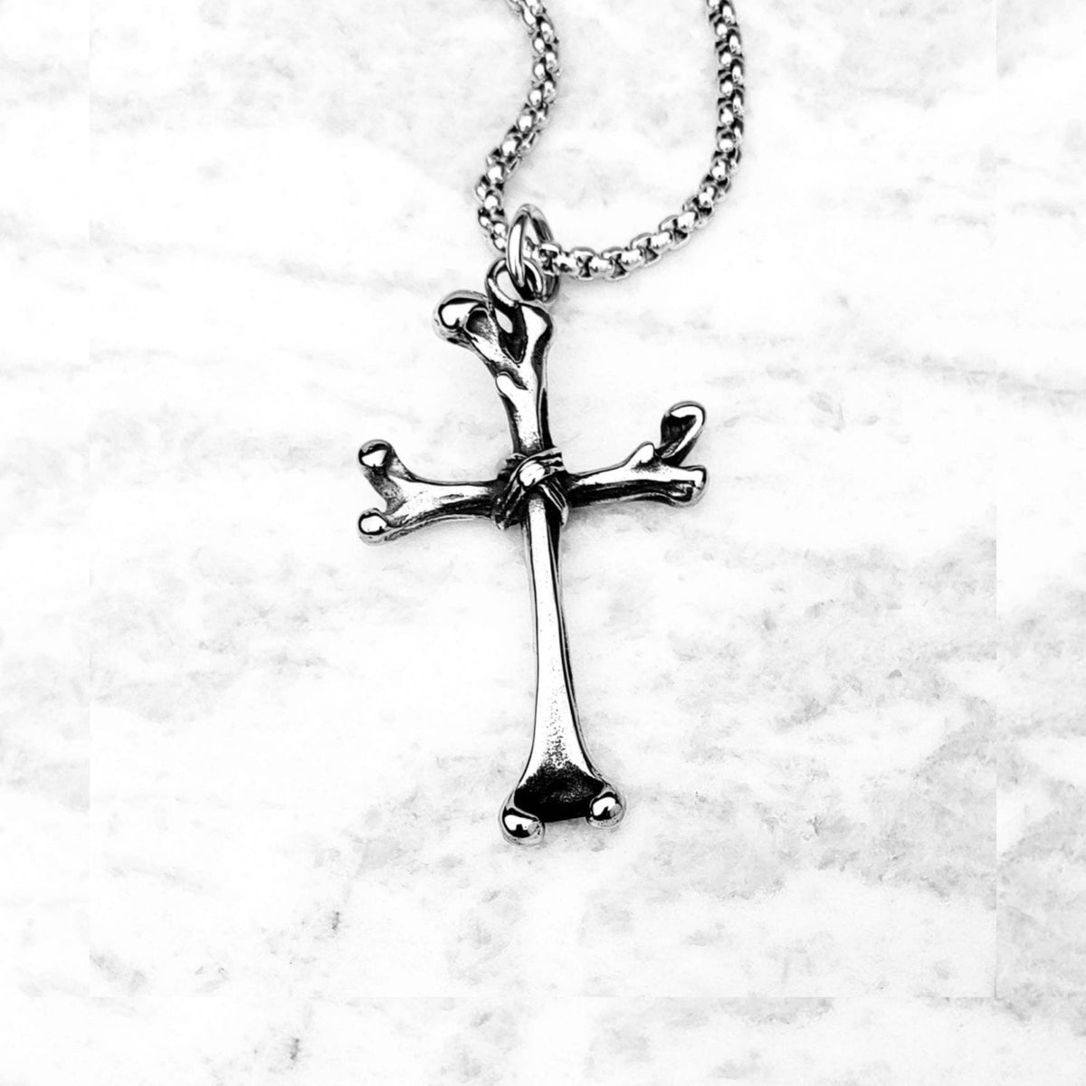 Men's "BONES CROSS" Necklace| Men's Silver Stainless Steel Bones Cross Pendant Necklace| Men's Silver Stainless Steel Box Chain Necklace