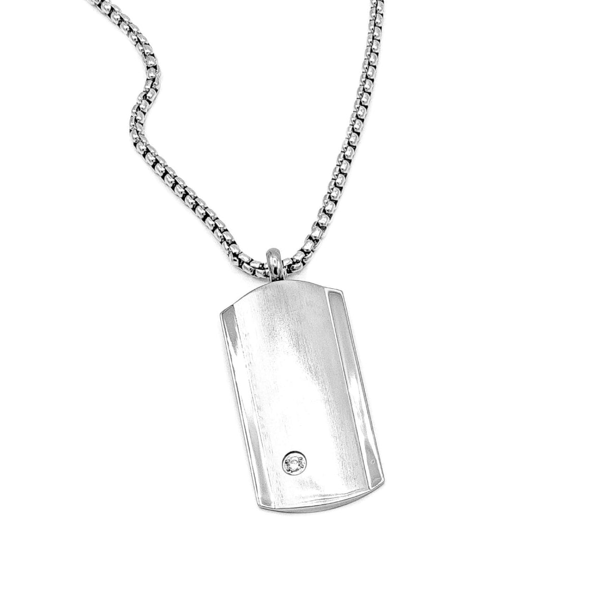 Men's "CZ DOG TAG" Necklace| Men's Brushed Silver Stainless Steel Cubic Zirconia Dog Tag Pendant Necklace| Men's Silver Box Chain Necklace