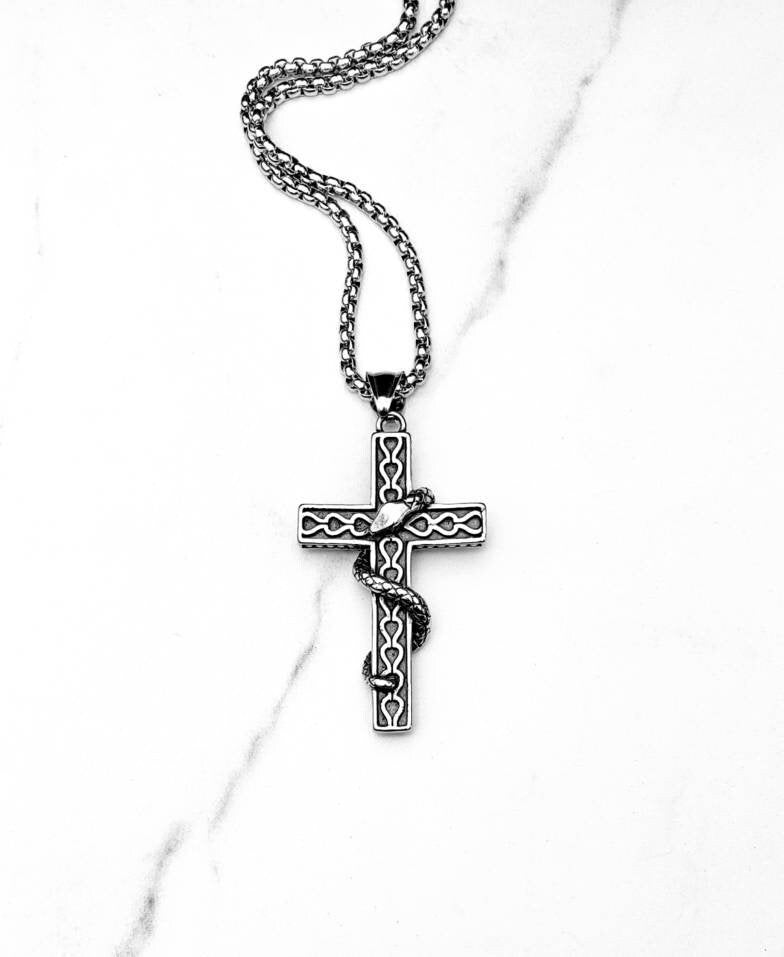 Men's "VIKING SERPENT CROSS" Necklace| Men's Silver Stainless Steel Viking Serpent Cross Pendant Necklace| Men's Silver Box Chain Necklace