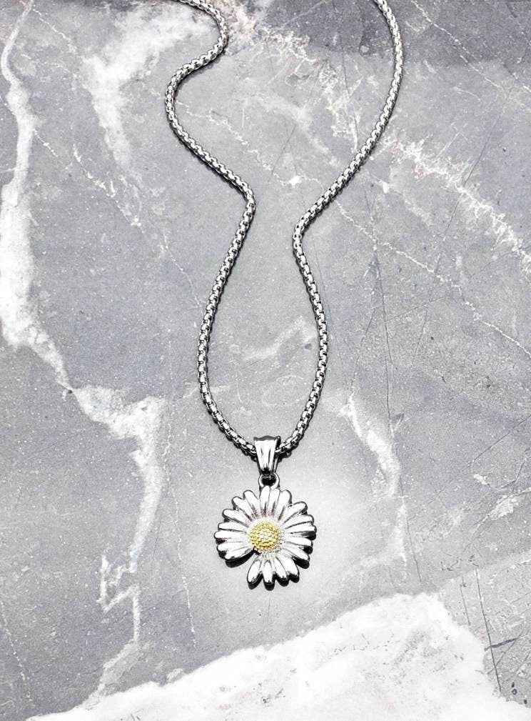 Men's "MISSING PETAL DAISY" Necklace| Men's Silver & Gold Stainless Steel Daisy Pendant Necklace| Mens Silver Chain Pendant Necklace
