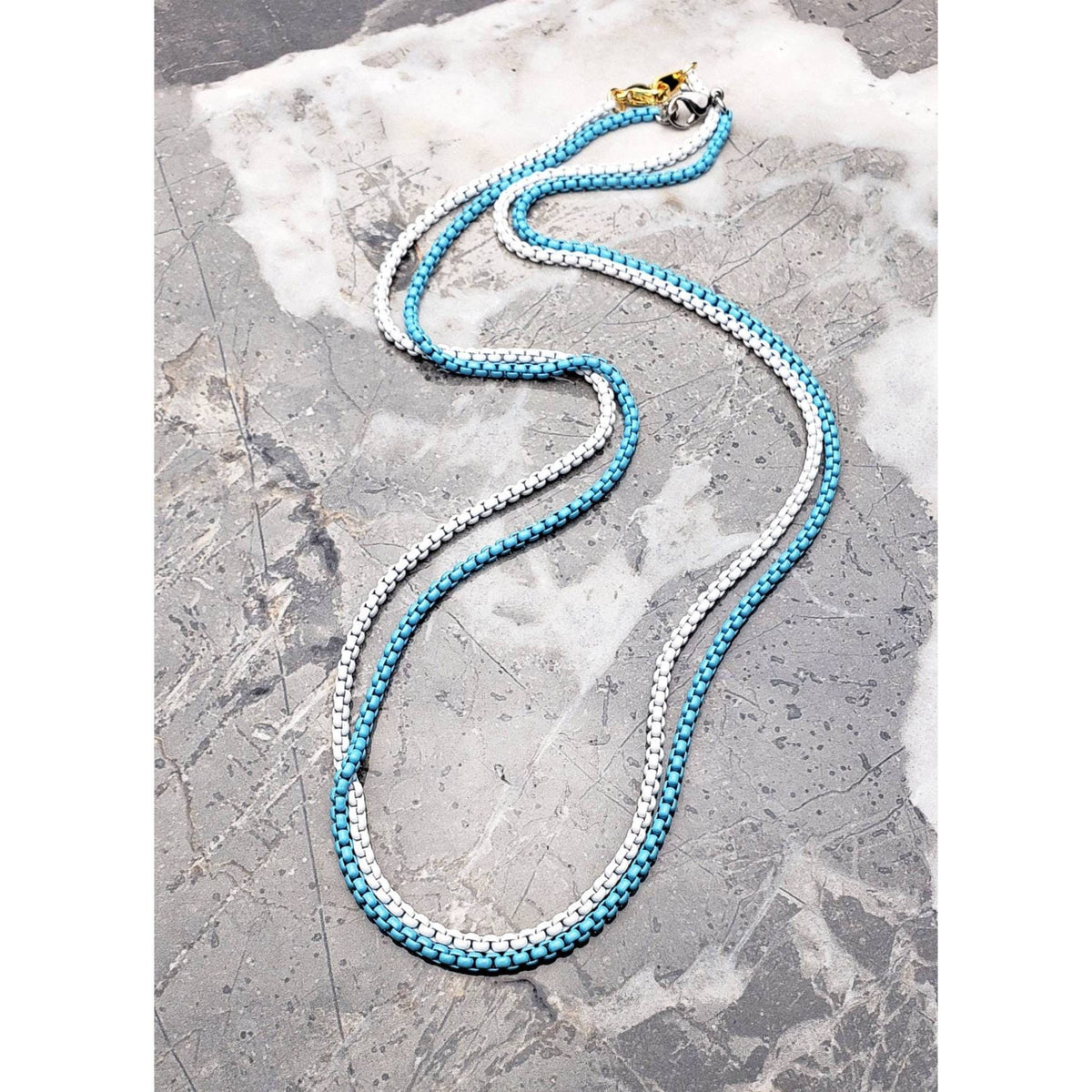 Men's "TURQUOISE BOX CHAIN" Necklace| Men's Turquoise Stainless Steel Box Chain Necklace| Men's Stainless Steel Round Box Chain Necklace