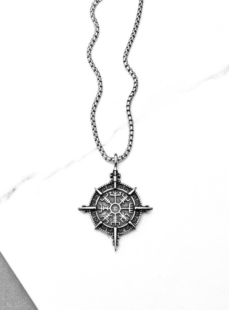 Men's "VIKING VEGVISIR COMPASS" Necklace| Men's Oxidized Silver Stainless Steel Viking Vegvisir Maritime Compass Pendant Necklace