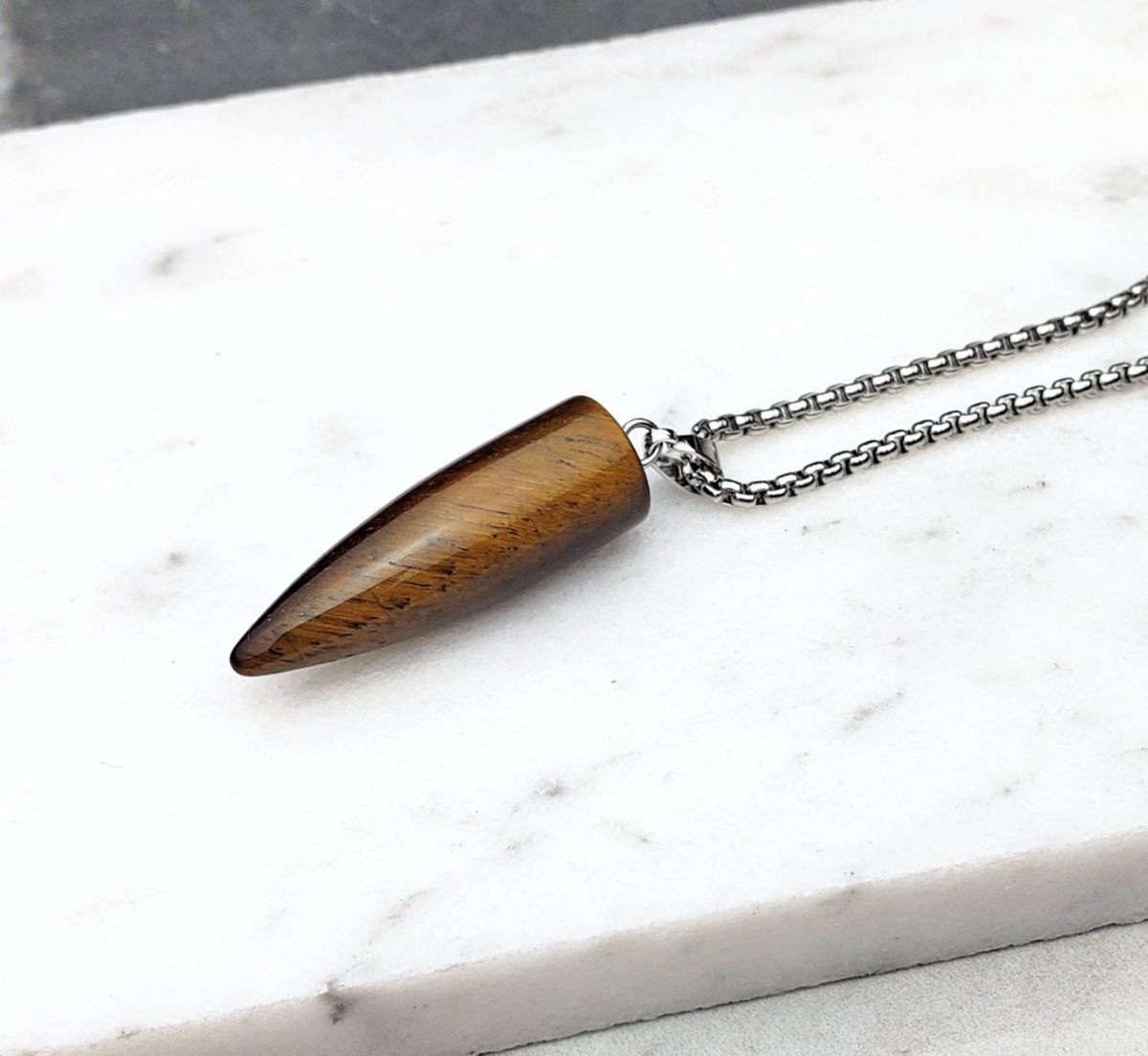 Men's "TIGER EYE BULLET" Pendant Necklace| Men's Tiger Eye Stone Bullet Pendant Necklace| Men's Silver Stainless Steel Box Chain Necklace