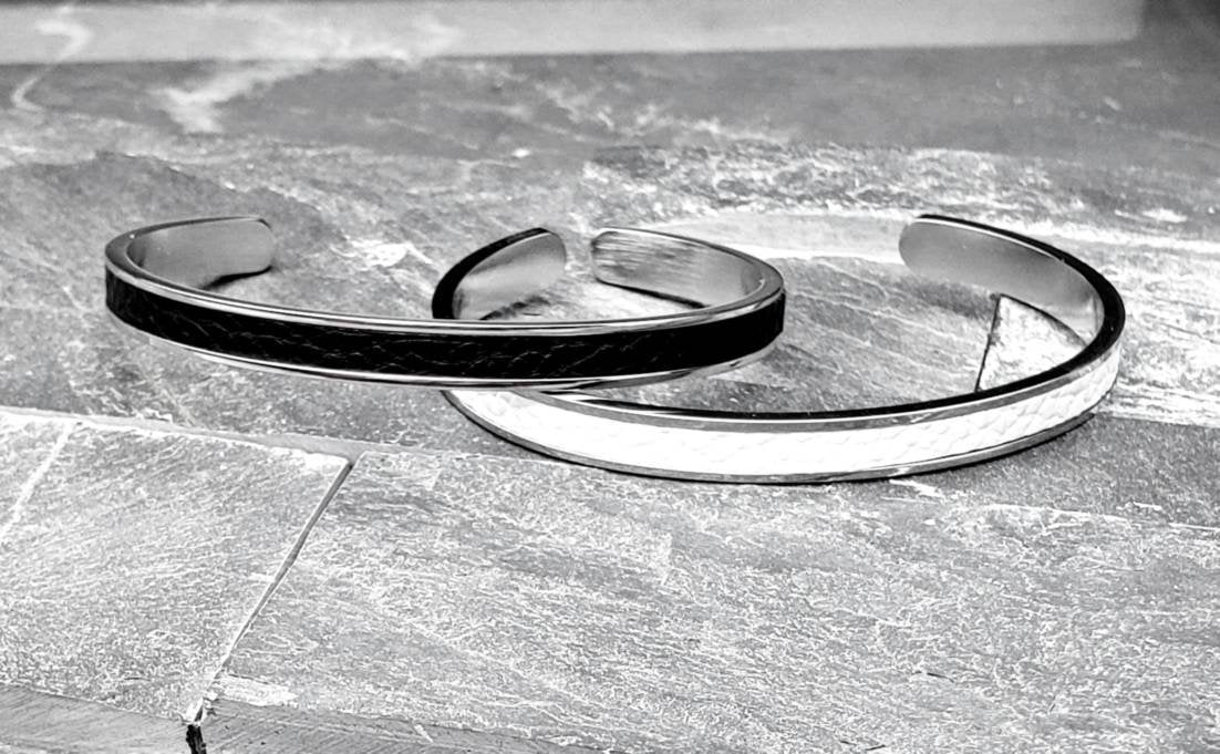 Men's "WHITE LEATHER CUFF" Bracelet| Men's Silver Stainless Steel White Leather Inlay Cuff Bracelet| Mens White Leather Silver Cuff Bracelet