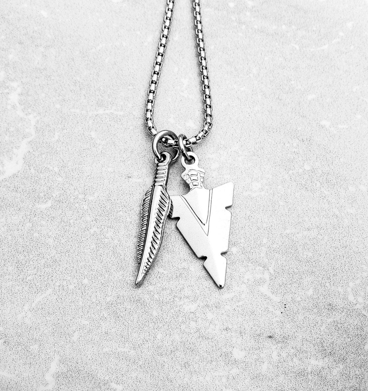 Men's "TRIBAL FEATHERED ARROWHEAD" Necklace| Men's Silver Stainless Steel Tribal Feather & Arrowhead Pendant Necklace| Men's Silver Necklace