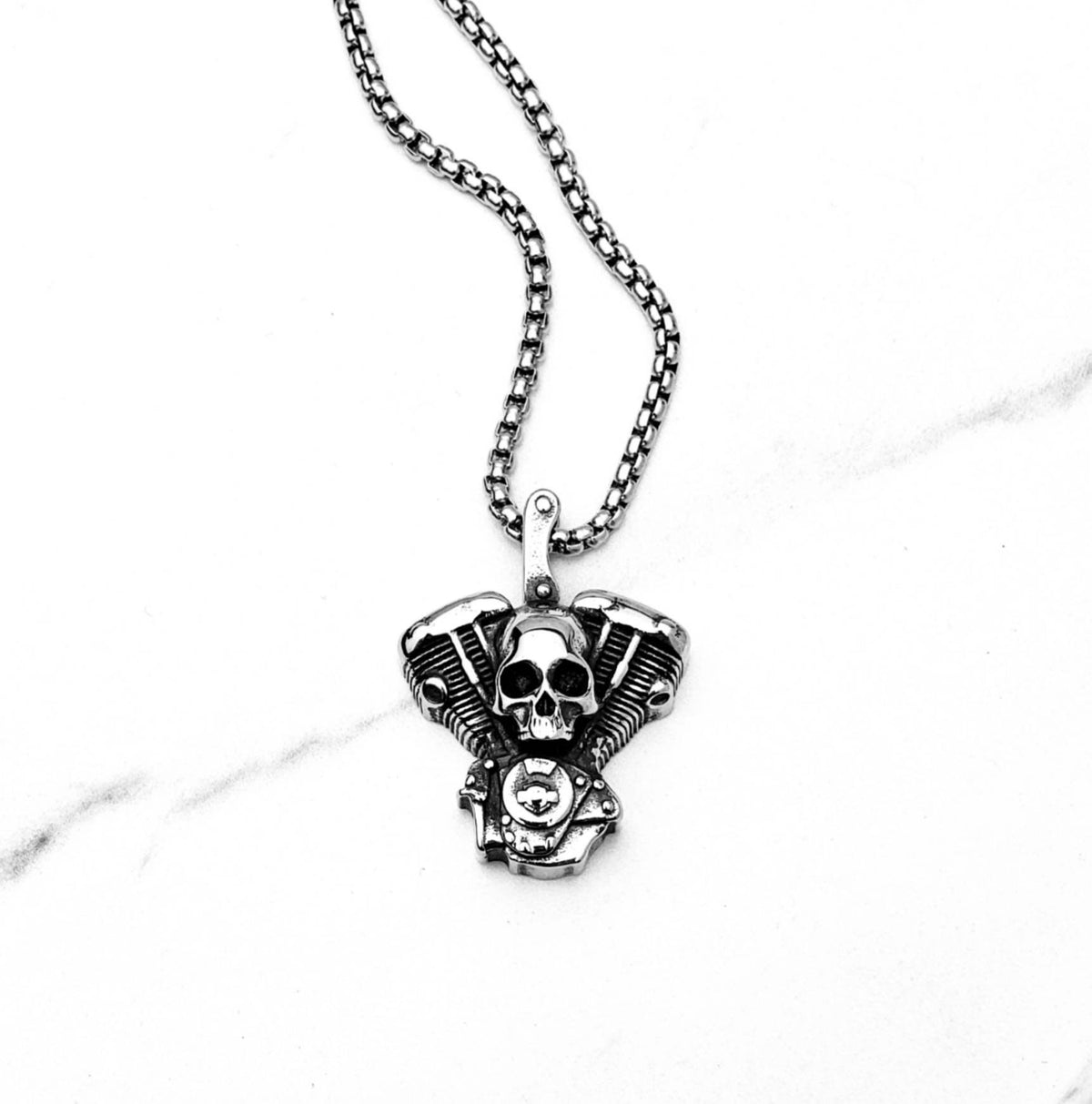 Men's "SKULL ENGINE" Necklace| Men's Silver Stainless Steel Skull Motorcycle Engine Pendant Necklace| Men's Box Chain Skull Necklace