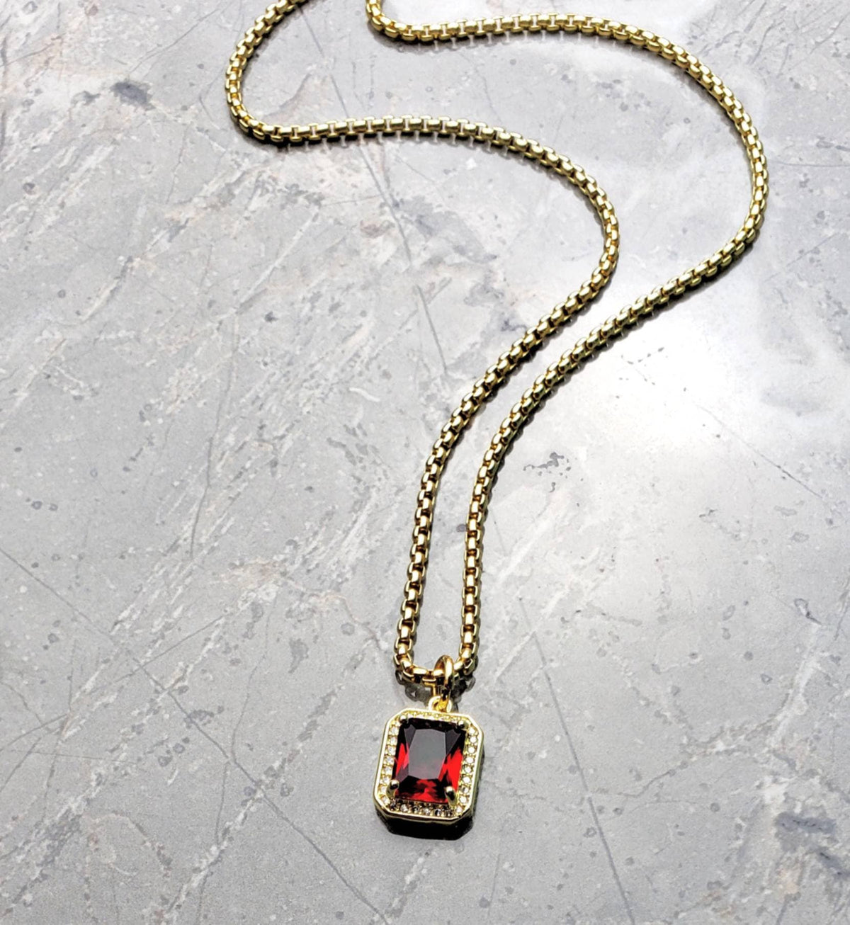 Men's "GOLD PAVÉ GARNET" Necklace| Men's Gold Stainless Steel Pavé Cubic Zirconia Mini Garnet Pendant Necklace| Men's January Birthstone