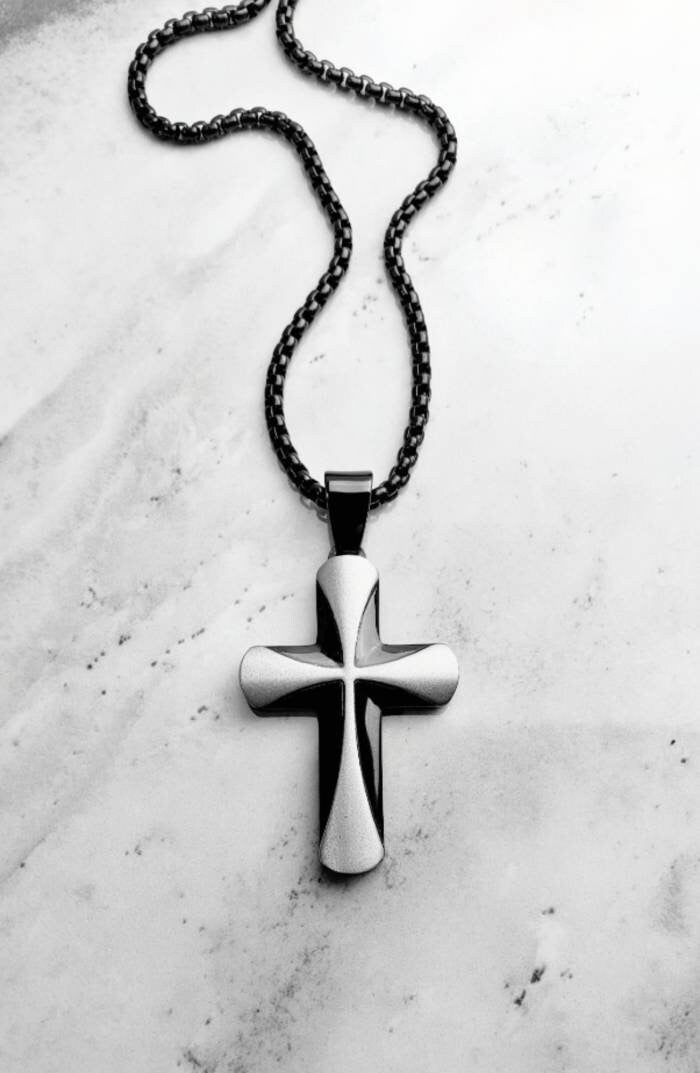 Men's "VORTEX CROSS" Necklace| Men's Silver Black Stainless Steel Vortex Cross Pendant Necklace| Men's Stainless Steel Box Chain Necklace