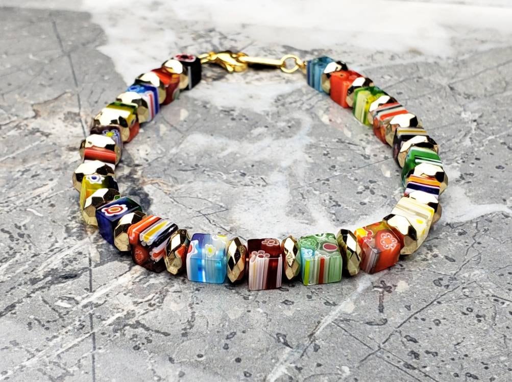 Men Gold Faceted Hematite Disc Gemstones Multicolor Millefiori Cubes Beaded Bracelet