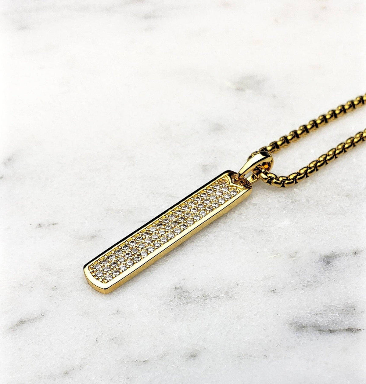 Men's "GOLD PAVÉ BAR" Necklace| Men's Pavé Cubic Zirconia Gold Stainless Steel Bar Tag Pendant Necklace| Men's Gold Box Chain Necklace