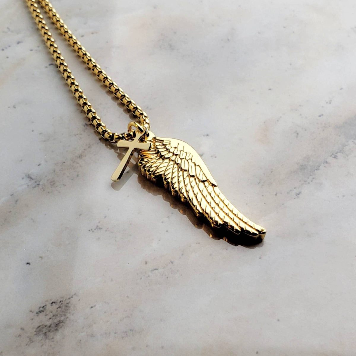 Men's "GOLDEN WARRIOR WING" Necklace| Men's Gold Stainless Steel Angel Wing & Cross Pendant Necklace| Men's Gold Box Chain Necklace