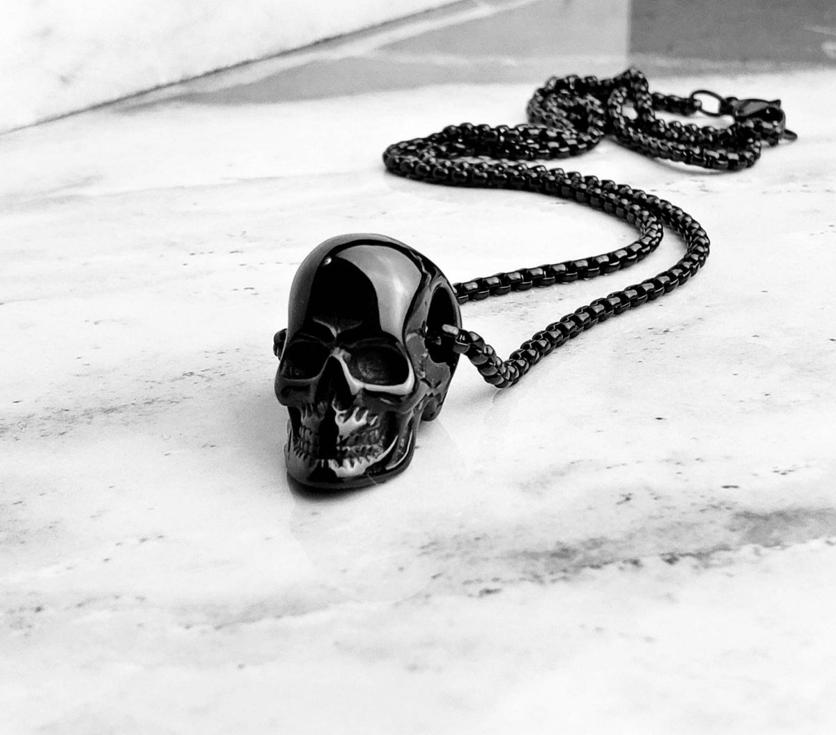 Men's "BLACK RUSTIC SKULL" Necklace| Men's Black Stainless Steel Skull Pendant Necklace| Men's Stainless Steel Box Chain Skull Necklace
