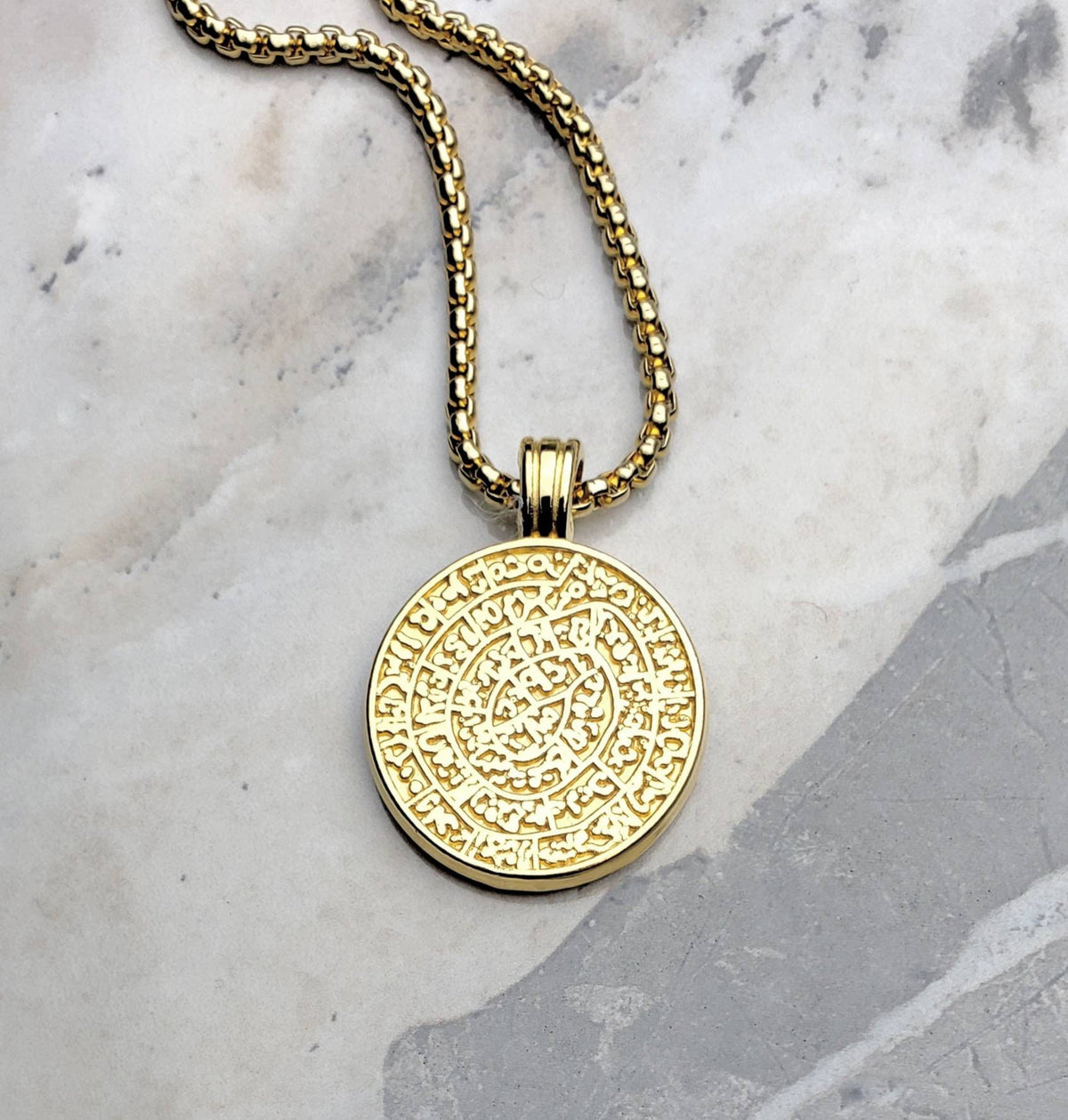 Men's "GOLD GREEK PHAISTOS" Necklace| Men's Gold Stainless Steel Greek Phaistos Disc Pendant Necklace| Men's Stainless Steel Chain Necklace