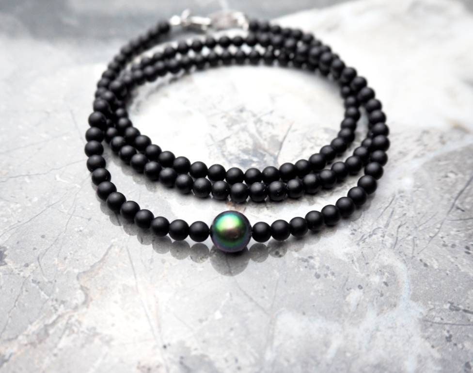 Men Matte Black Onyx Emerald Green Pearl Bead Necklace