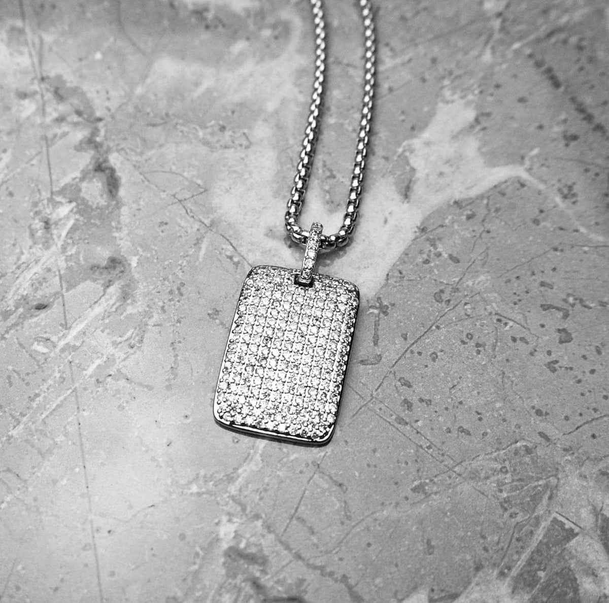 Men's "PAVE DOG TAG" Necklace| Men's Pavé Cubic Zirconia Silver Stainless Steel Dog Tag Pendant Necklace| Men's Silver Chain Necklace