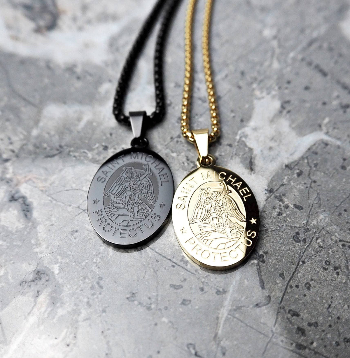 Men's "ARCHANGEL MEDALLION" Necklace| Men's Black Stainless Steel Saint Michael Archangel Pendant Necklace| Men's Black Box Chain Necklace