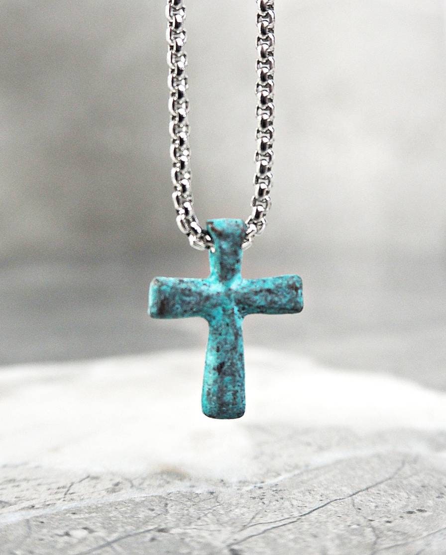 Men's "MYKONOS CROSS" Necklace| Men's Turquoise Mykonos Ceramic Raku Cross Pendant Necklace| Men's Stainless Steel Chain Necklace