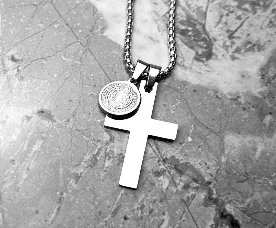Men's "SILVER SAINTS CROSS" Necklace| Men's Silver Stainless Steel Cross Saint Benedict Coin Pendant Necklace| Men's Box Chain Necklace
