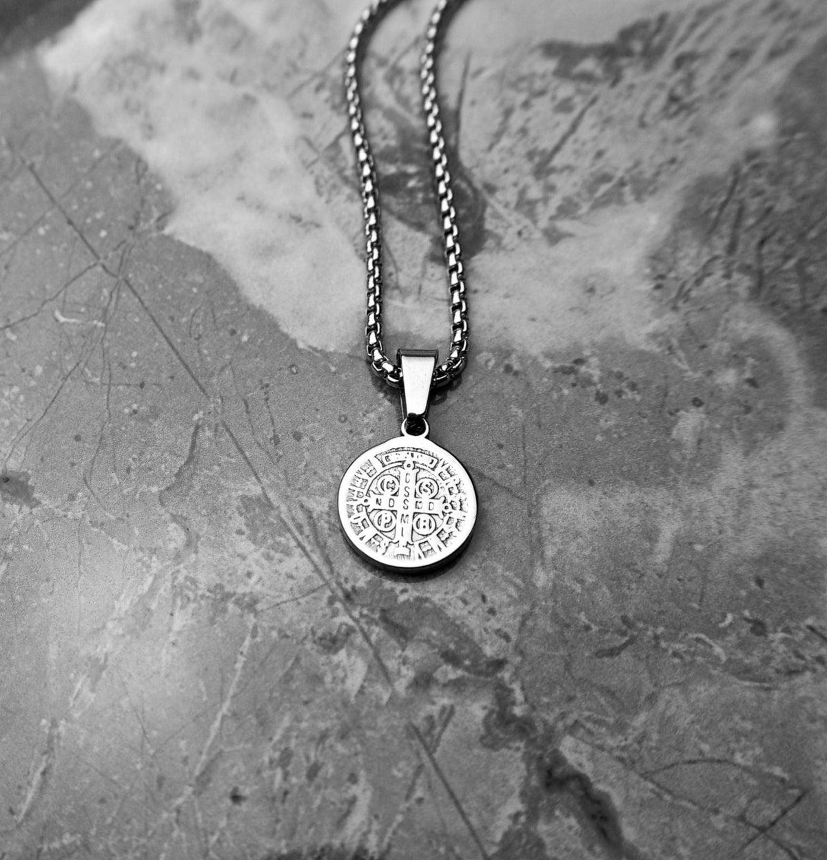 Men's "SAINT BENEDICT COIN" Necklace| Men's Silver Stainless Steel Saint Benedict Coin Pendant Necklace| Men's Silver Box Chain Necklace