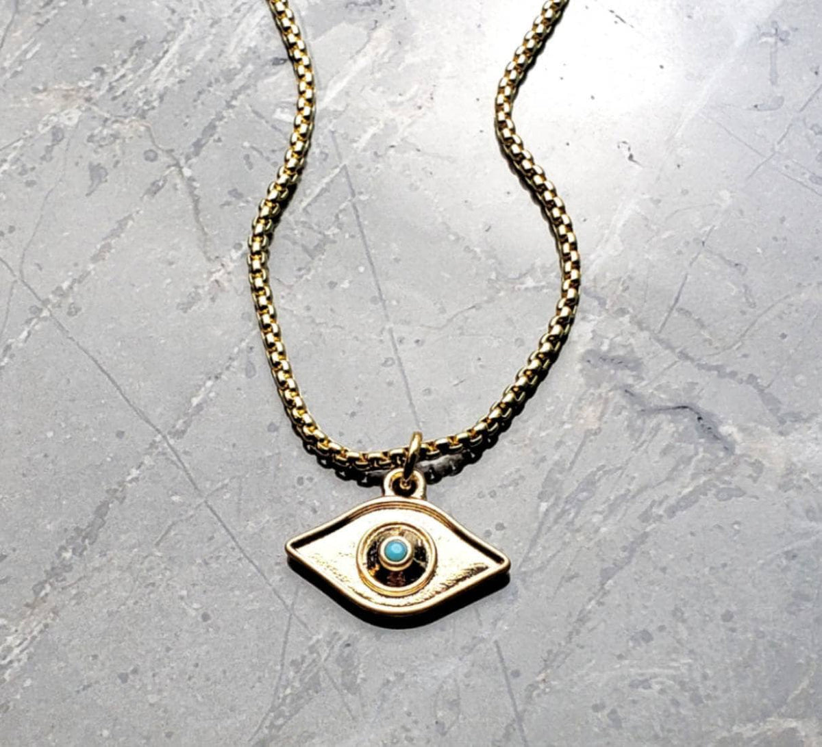 Men's "MYKONOS EVIL EYE" Necklace| Men's Gold Stainless Steel Turquoise Stone Rustic Evil Eye Pendant Necklace| Mens Gold Box Chain Necklace