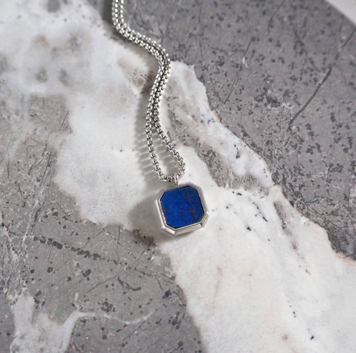 Men's "SILVER LAPIS SQUARE" Necklace| Men's Silver Stainless Steel Lapis Lazuli Gemstone Octagon Inlay Square Pendant Necklace