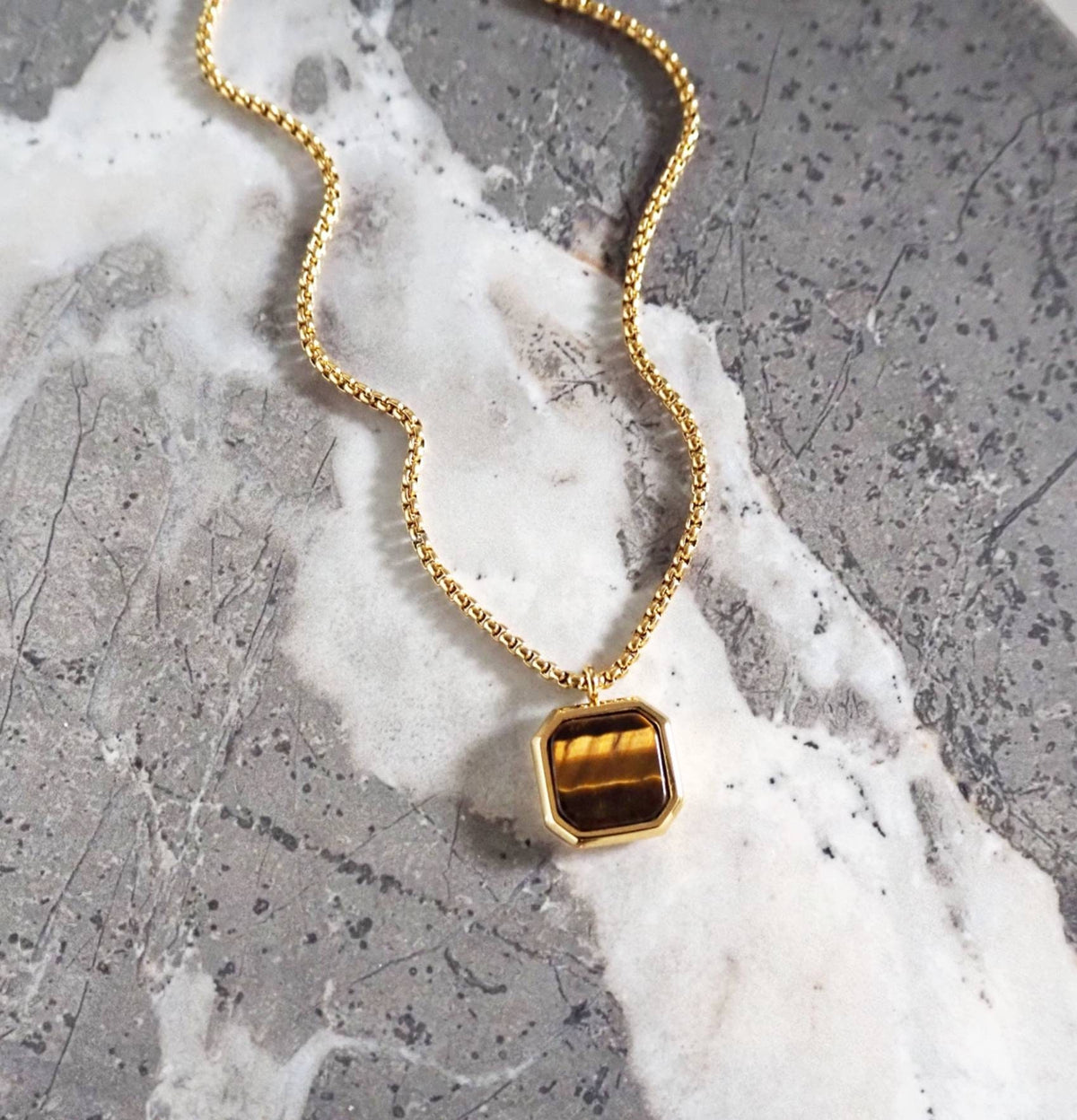 Men's "GOLD TIGER EYE" Necklace| Men's Gold Stainless Steel Tiger Eye Gemstone Octagon Inlay Square Pendant Necklace| Men's Gold Necklace