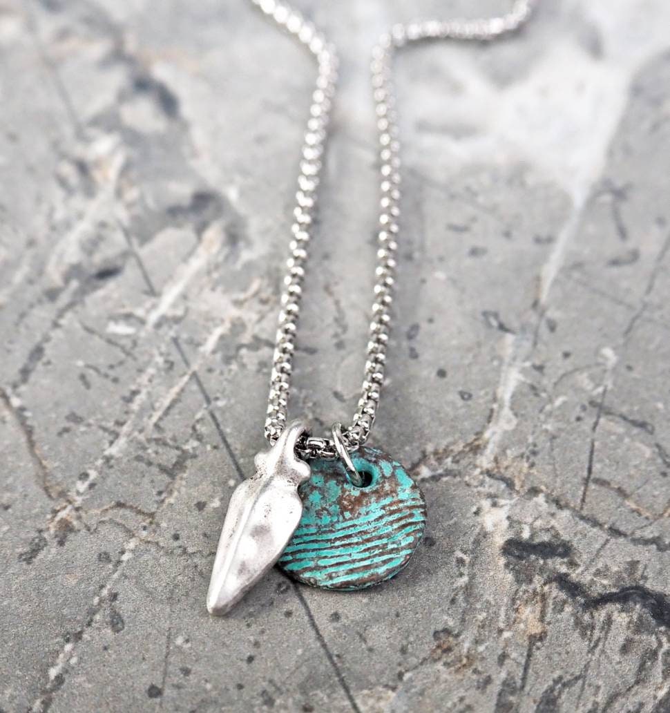 Men's "MYKONOS COIN & ARROWHEAD" Necklace| Men's Turquoise Mykonos Ceramic Raku Coin Silver Arrowhead Pendant Necklace| Men's Chain Necklace