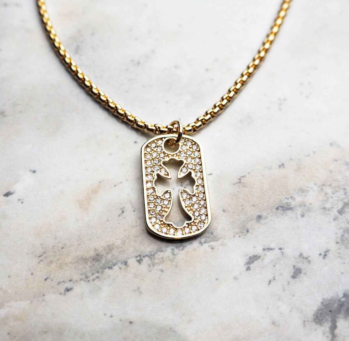 Men's "PAVÉ GOLD CROSS" Necklace| Men's Pavé Cubic Zirconia Gold Stainless Steel Mini Cross Tag Pendant Necklace| Men's Gold Chain Necklace