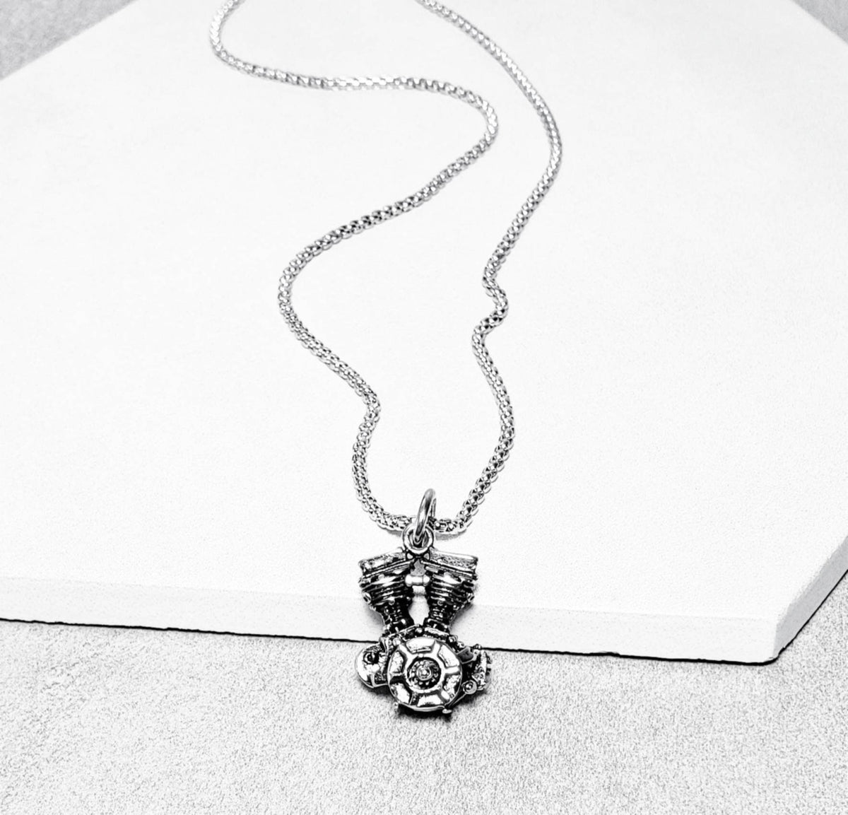 Men's "STEEL ENGINE" Necklace| Men's Silver Stainless Steel Engine Pendant Necklace| Men's Silver Stainless Steel Box Chain Necklace